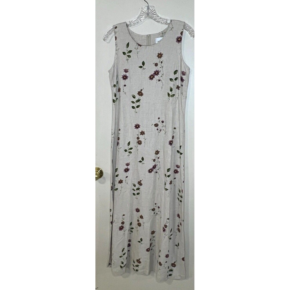 Christopher & Banks Floral Maxi Dress Beige Purple Green Linen Rayon Sz 8